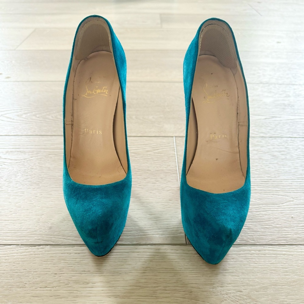 Christian Louboutin Teal Suede Daffodile Platform Pumps 36